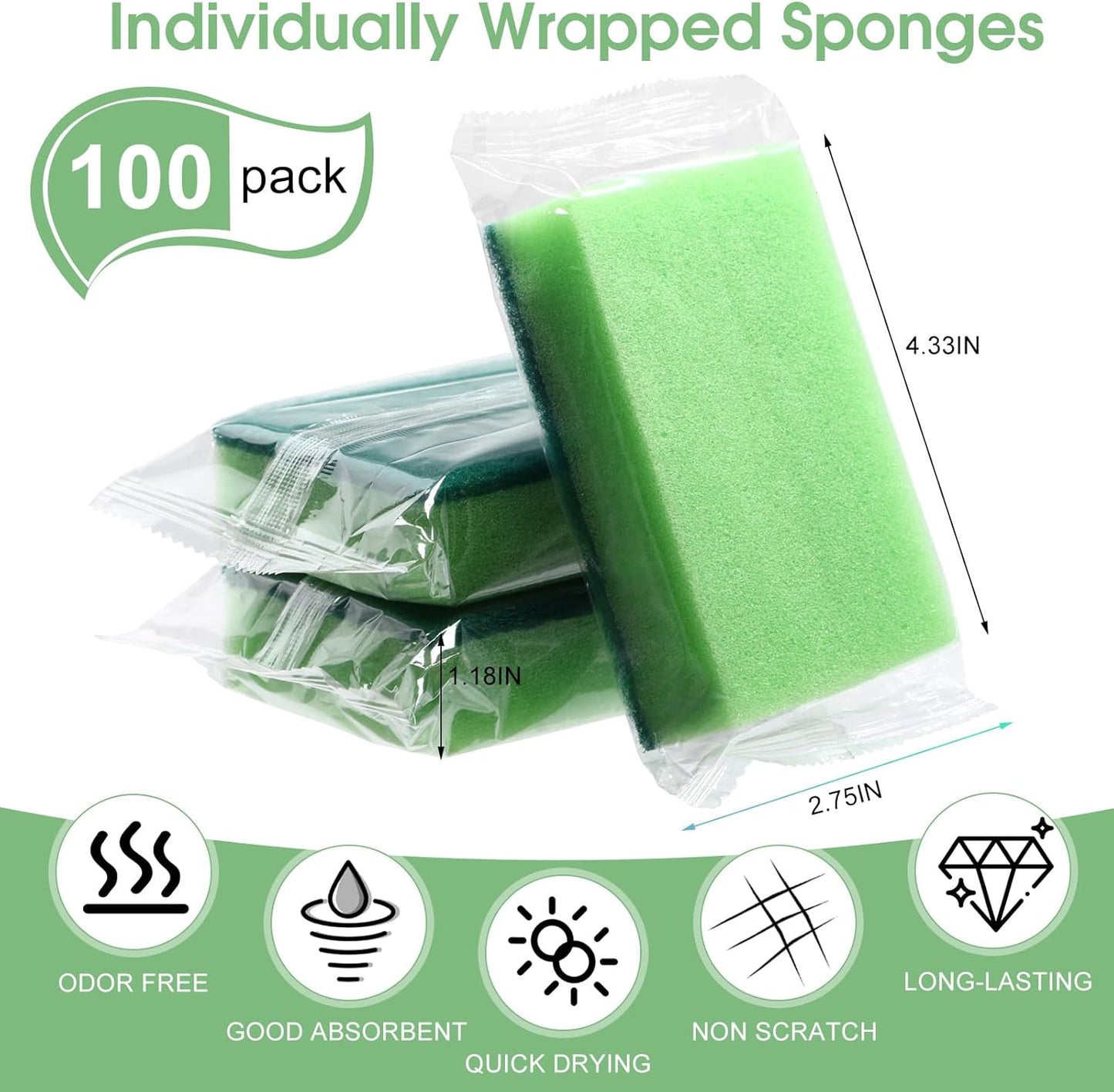 Tioncy 100 Pcs Individually Wrapped Sponges Kitchen Bulk Blue Dish Non Scratch Scrub Sponges Dual Sided Cleaning Dish Scrubber for Washing Dishes, Pots, Pans, Sinks, Stoves, Appliances, Car, Bike