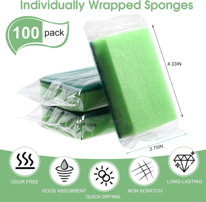 Tioncy 100 Pcs Individually Wrapped Sponges Kitchen Bulk Blue Dish Non Scratch Scrub Sponges Dual Sided Cleaning Dish Scrubber for Washing Dishes, Pots, Pans, Sinks, Stoves, Appliances, Car, Bike