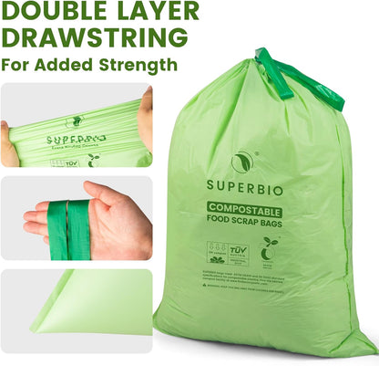 SUPERBIO 4 Gallon Compostable Drawstring Food Scrap Bags,15.1 Liter, 40 Count, 0.9 Mil,Heavy Duty Waste Bags, BPI, Seedling and OK compost INDUSTRIAL