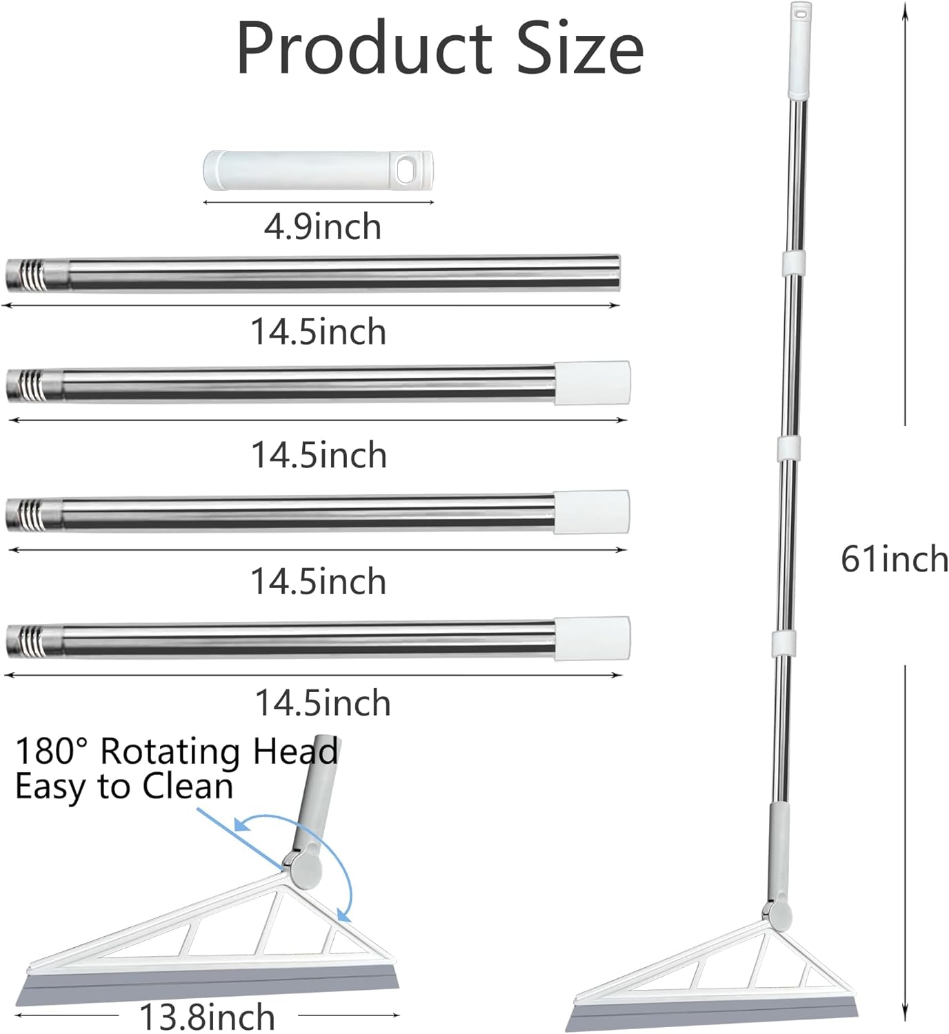 Multifunction Silicone Broom Sweeper, Rubber Household Squeegee Push Broom with 61" Long Handle for Cleaning Indoor Smooth Floor Bathroom Kitchen Glass Shower Water Pet Hair, Grey