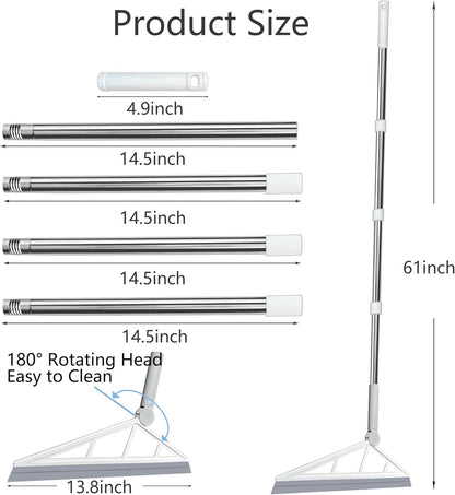 Multifunction Silicone Broom Sweeper, Rubber Household Squeegee Push Broom with 61" Long Handle for Cleaning Indoor Smooth Floor Bathroom Kitchen Glass Shower Water Pet Hair, Grey