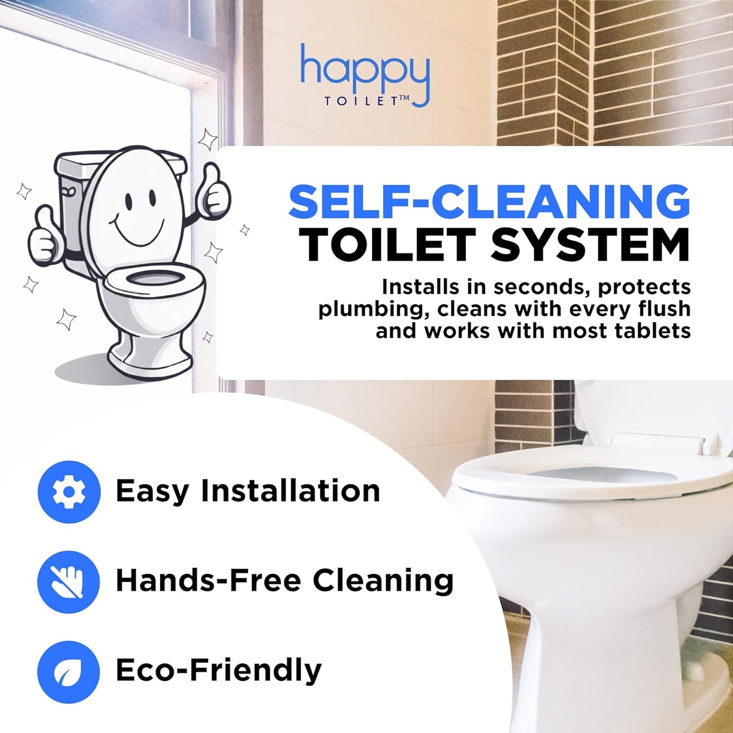 Happy Toilet Cleaner Automatic Toilet Bowl Cleaner - Easy to Install Toilet Tablet Holder - Self-Cleaning Toilet System, Deep Clean with Every Flush - Made in the USA