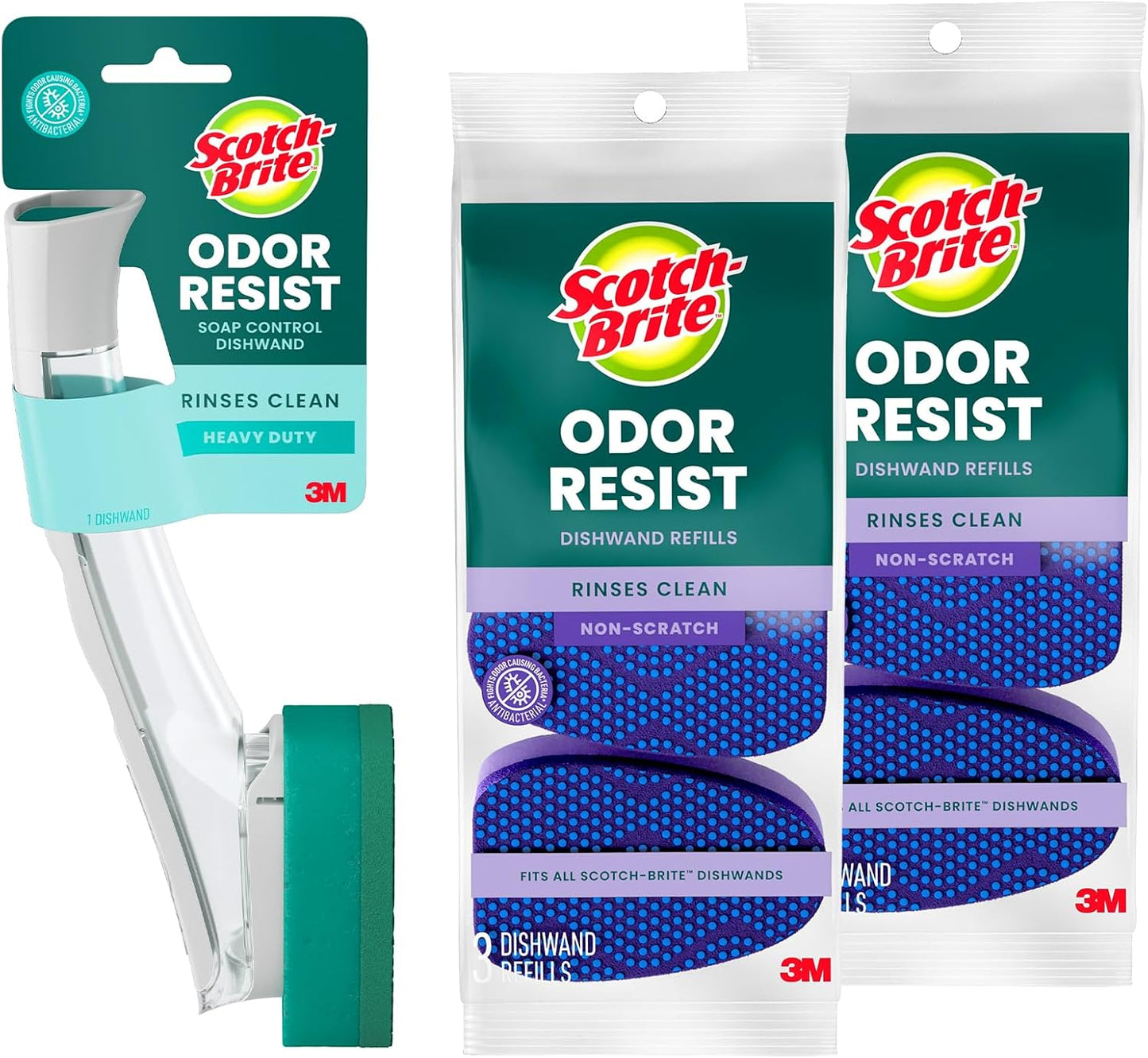 Scotch-Brite Advanced Soap Control Heavy Duty Dishwand Full Kit with 6 Heavy Duty Scrub Dots Refills, Leak-Free Soap Dispensing, Non-Slip Handle, Tough Scrubbing for Kitchen Dishes, Pots & Pans