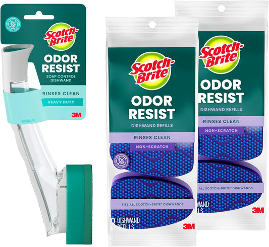 Scotch-Brite Advanced Soap Control Heavy Duty Dishwand Full Kit with 6 Heavy Duty Scrub Dots Refills, Leak-Free Soap Dispensing, Non-Slip Handle, Tough Scrubbing for Kitchen Dishes, Pots & Pans
