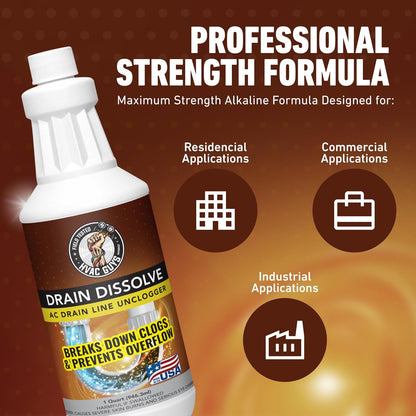 HVAC Guys Drain Dissolve | AC Drain Line Cleaner & Unclogger | Heat Generating Alkaline Formula | Prevents Overflow | Clears Hair, Grease, Gunk - 32oz