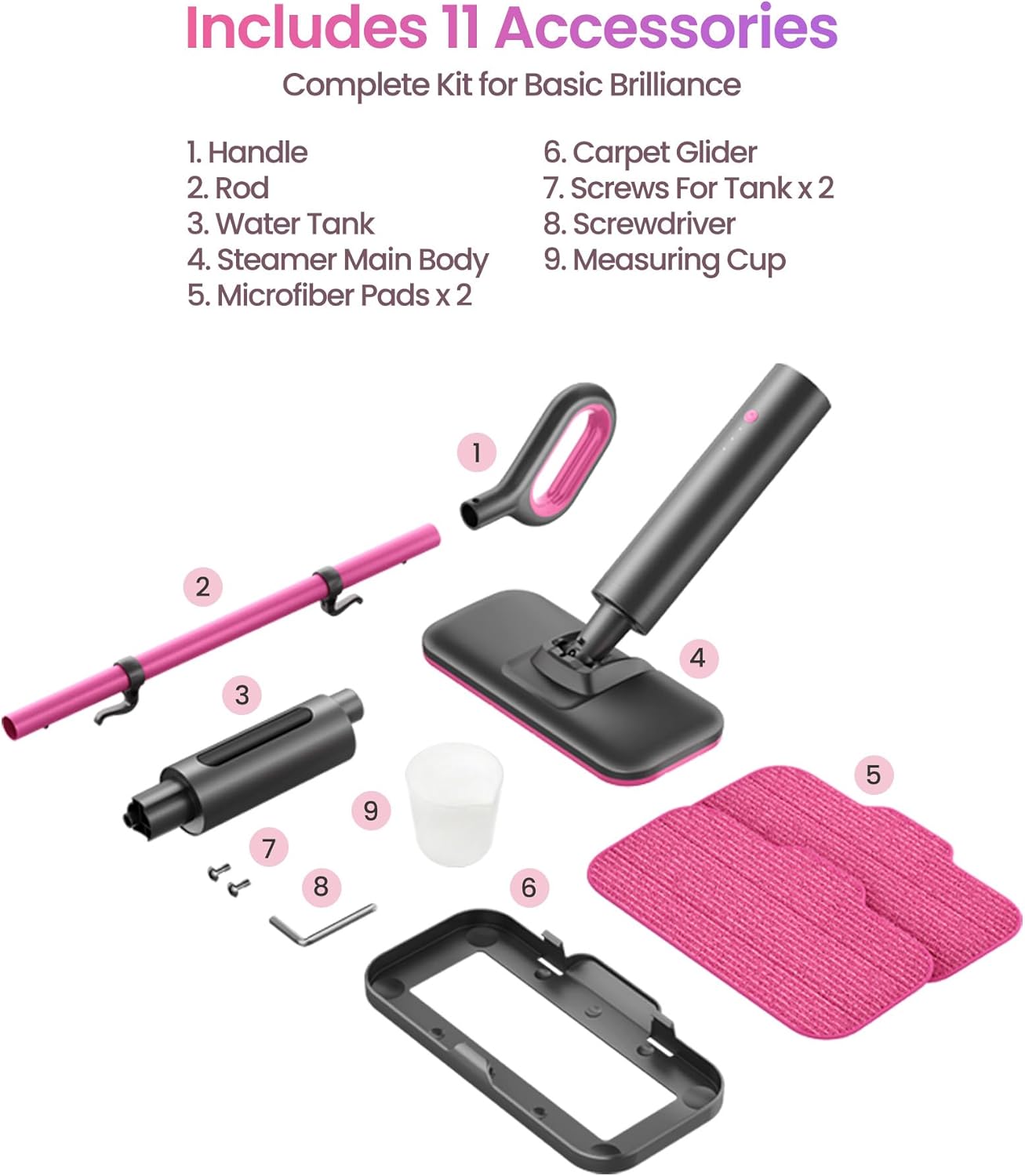 Schenley Steam Mop Cleaner Powerful - 15s Fast Heat-Up, Chemical-Free for Hardwood/Tile/Laminate & Floors/Walls, Washable Pads, 3 Modes for Carpet, Lightweight, Self-Standing, Sleek Design
