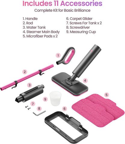 Schenley Steam Mop Cleaner Powerful - 15s Fast Heat-Up, Chemical-Free for Hardwood/Tile/Laminate & Floors/Walls, Washable Pads, 3 Modes for Carpet, Lightweight, Self-Standing, Sleek Design