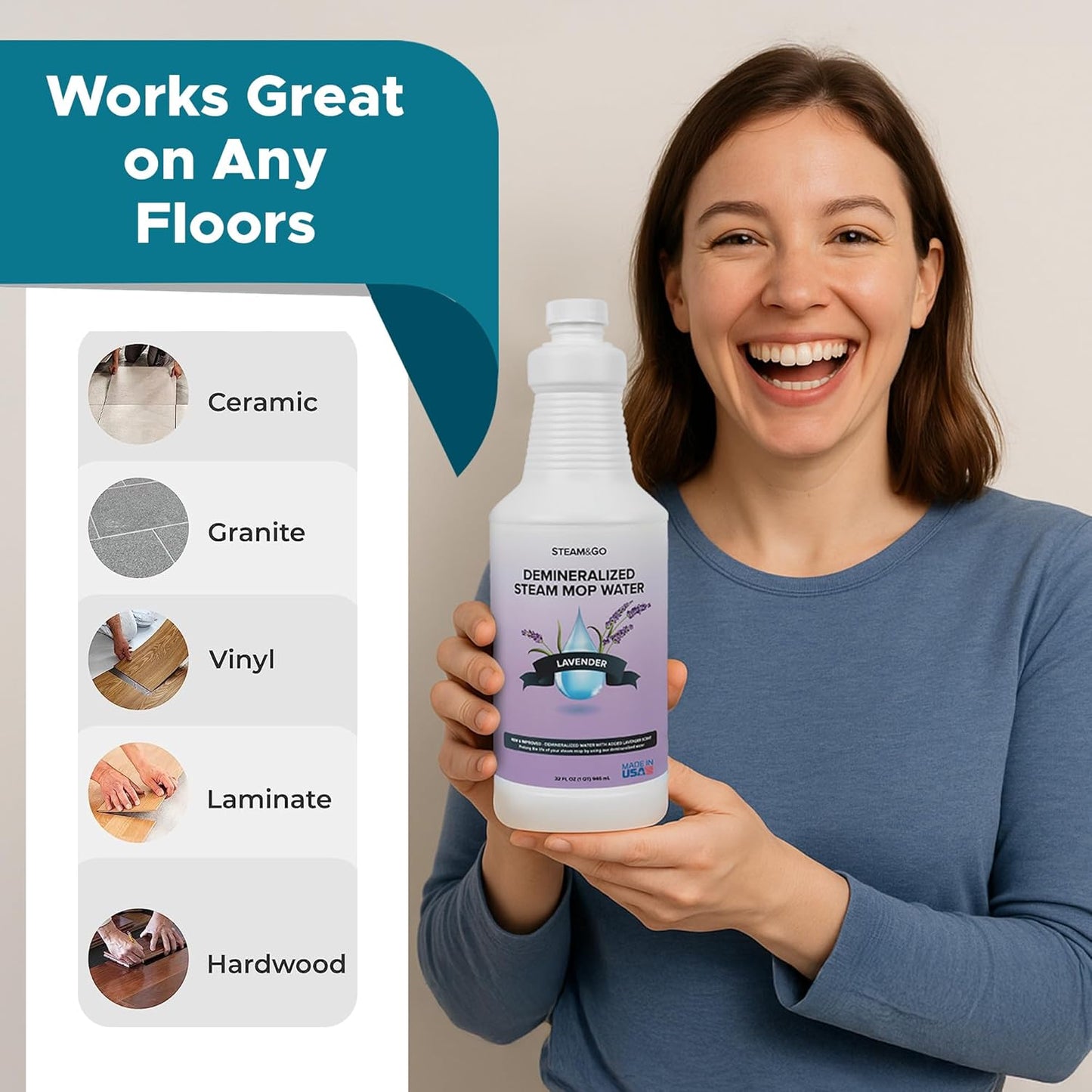 Steam & Go Demineralized Water for Steam Cleaner - PVC-Free Floor Cleaning Solution Compatible for All Steam Mops - Multi-Surface Cleaner for Home Surfaces - Lavender Scent, 32 oz