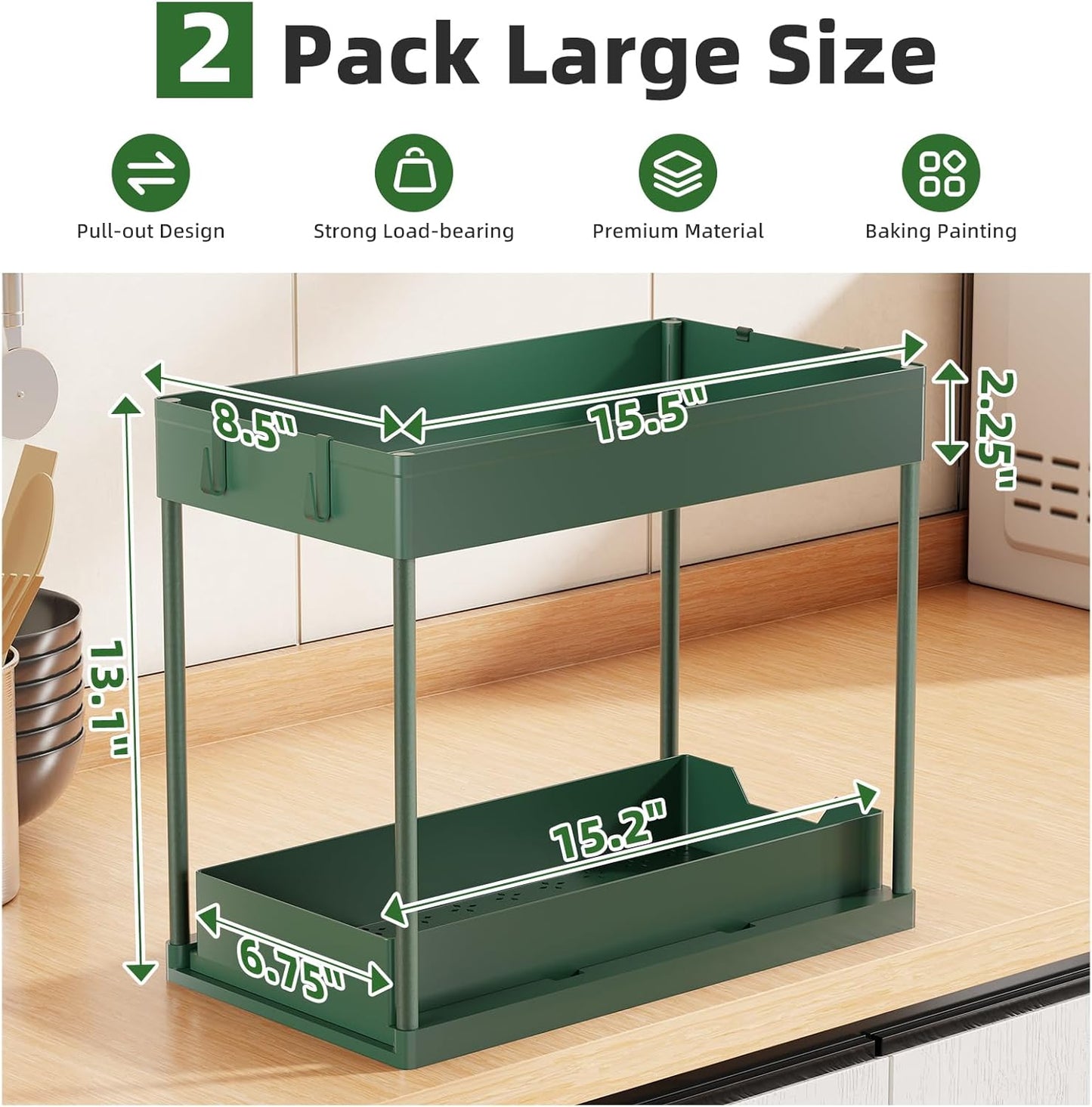 Simple Trending Under Sink Organizer 2 Pack, Sink Pull-Out Sliding Storage Cabinet, 2-Tier Under Shelf Organizer for Kitchen Bathroom, Black
