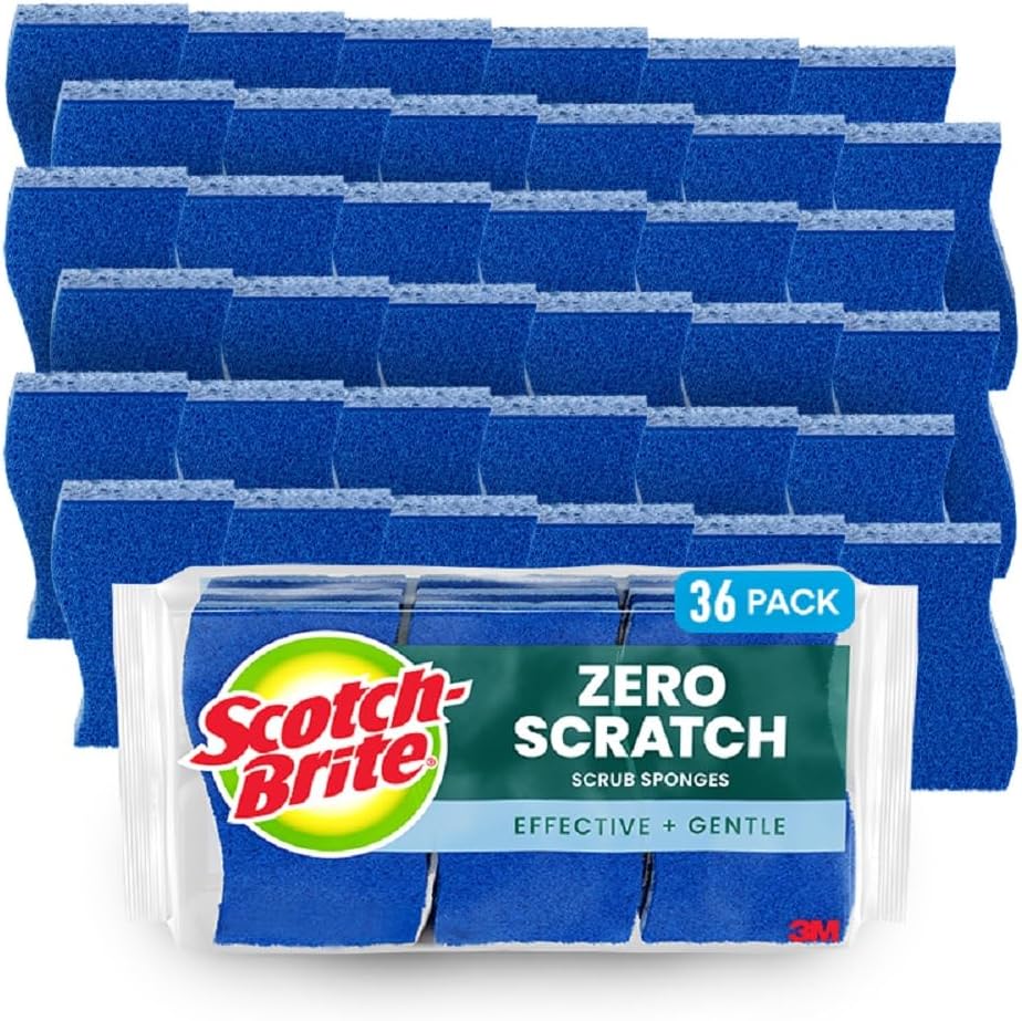 Scotch-Brite Zero Scratch Scrub Sponge, Non-Scratch Sponge, 12 Kitchen Sponges for Cleaning Around Home, Bathroom & More, Effective + Gentle Dish Scrubber, Best for Nonstick Pots and Pans
