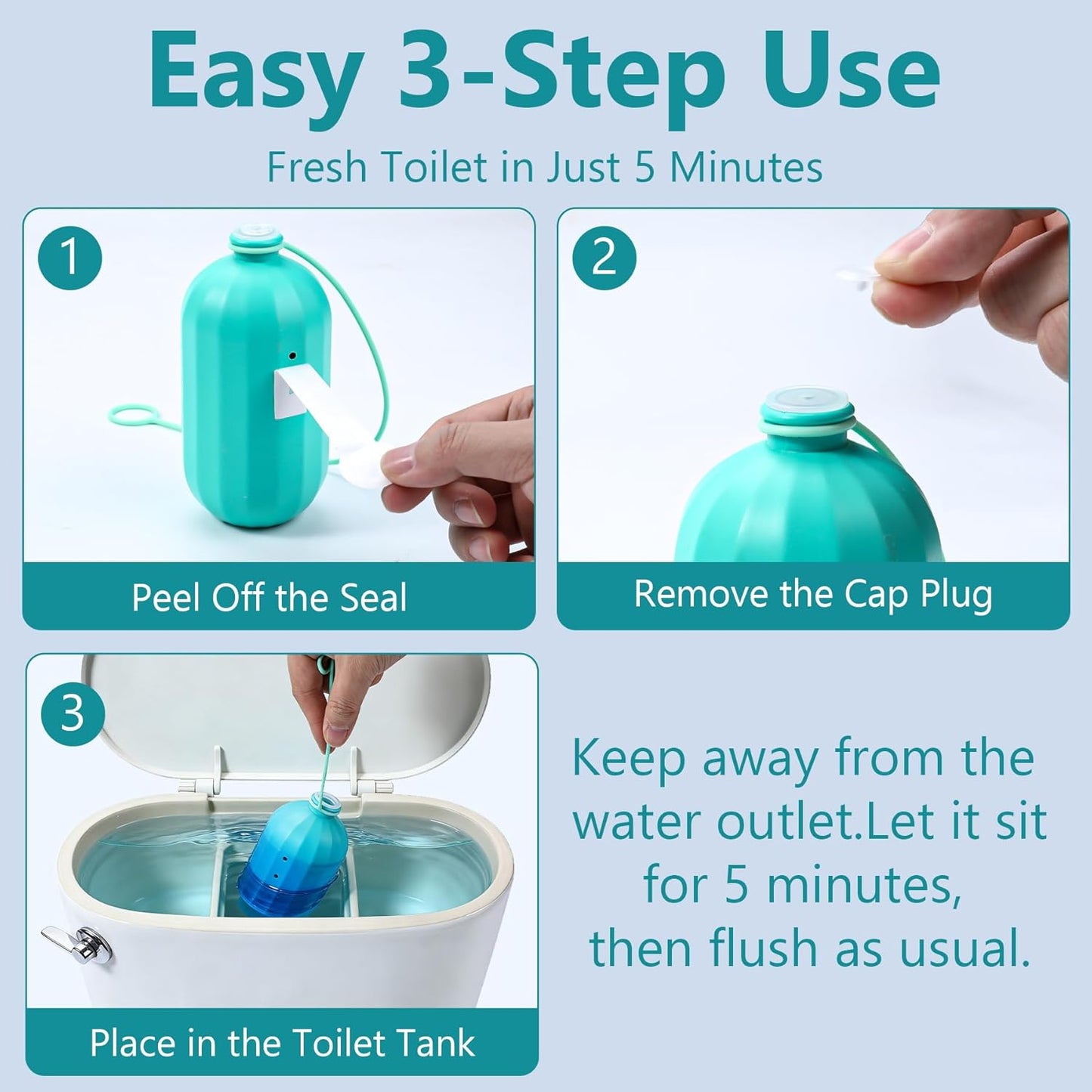 Automatic toilet bowl cleaner, odor removal Stain removal Makes toilet bowls look new with a light, fresh scent