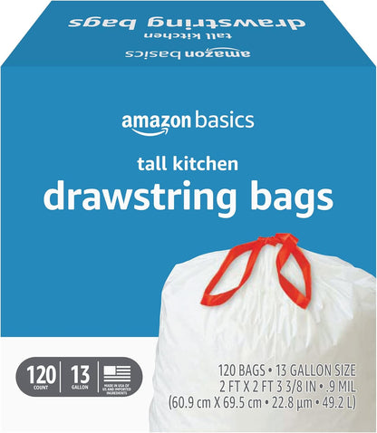 Amazon Basics Scented Trash Bags, Tall Kitchen Drawstring, Clean Fresh Scent, 13 Gallon, 200 Count, Pack of 1
