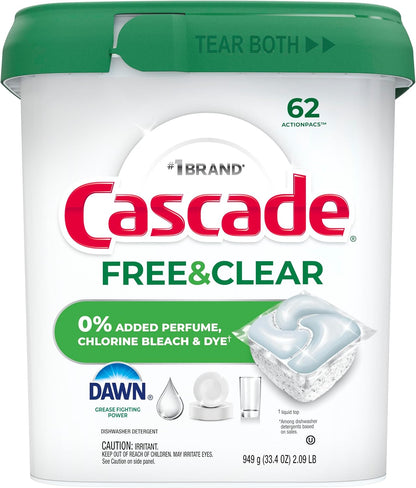 Cascade Free & Clear Dishwasher Pods, Dishwasher Detergent, Dish Detergent Soap, Unscented, 62ct