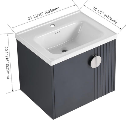 SSLine Modern 24-Inch Bathroom Vanity with Sink Wall Mounted Bathroom Vanity with Top Basin & Storage Cabinet White Wood Floating Vanity w/Ceramic Sink & Gold/Black Handles for Small Space