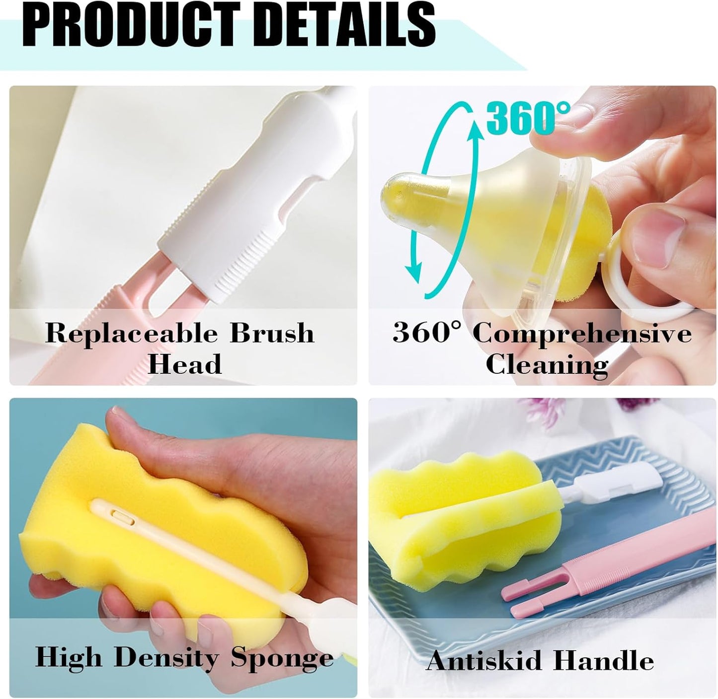 Baby Bottle Cleaning Brush 6-Piece Set Detachable Sponge Bottle Brush, Nylon Milk Bottle Brush, 2PCS Nipple Brush, 2PCS Straw Brush (Pink)