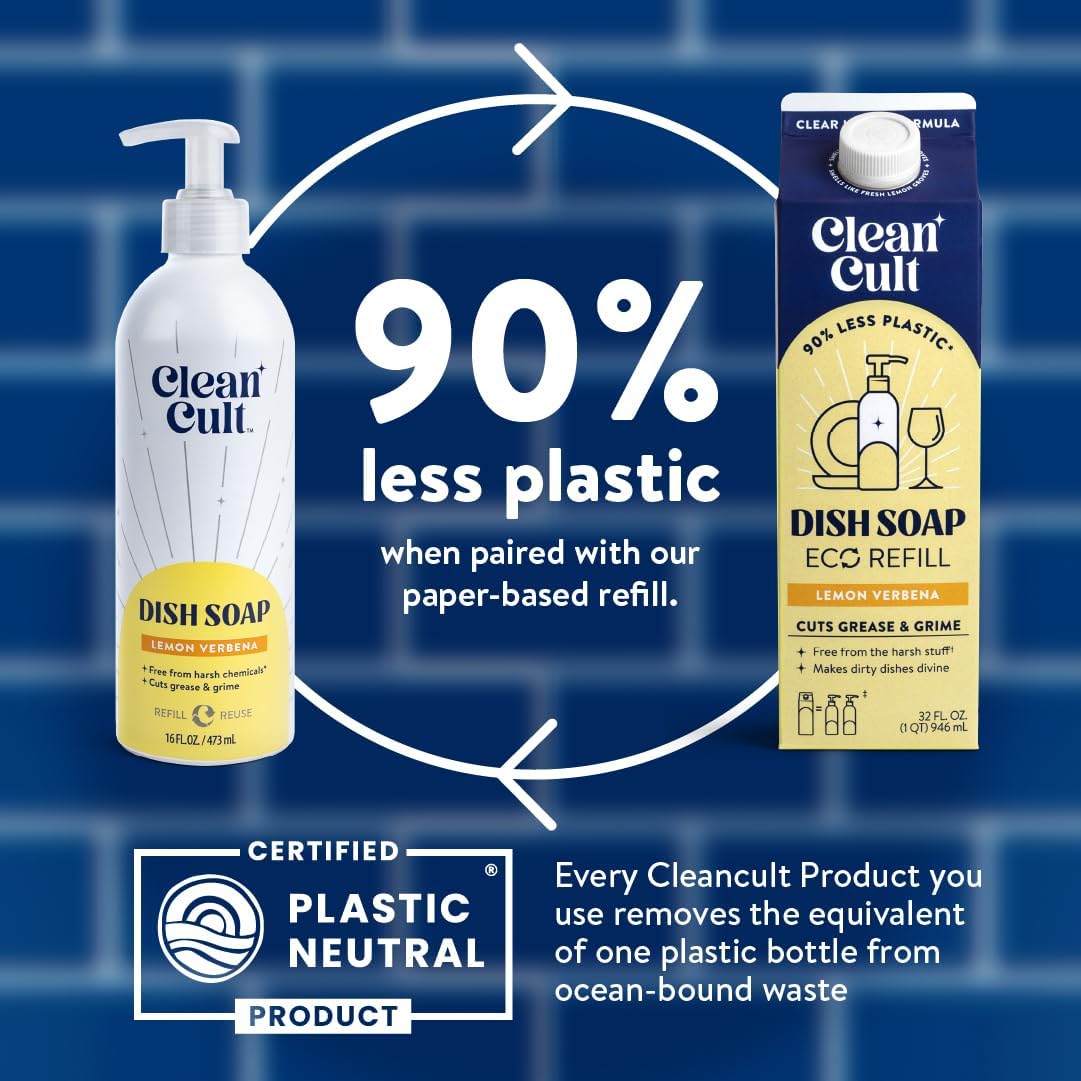 Cleancult - Lemon Verbena - Liquid Dish Soap - Refillable Aluminum Bottle - Dish Soap that Cuts Grease & Grime - 16 oz - 1 Pack