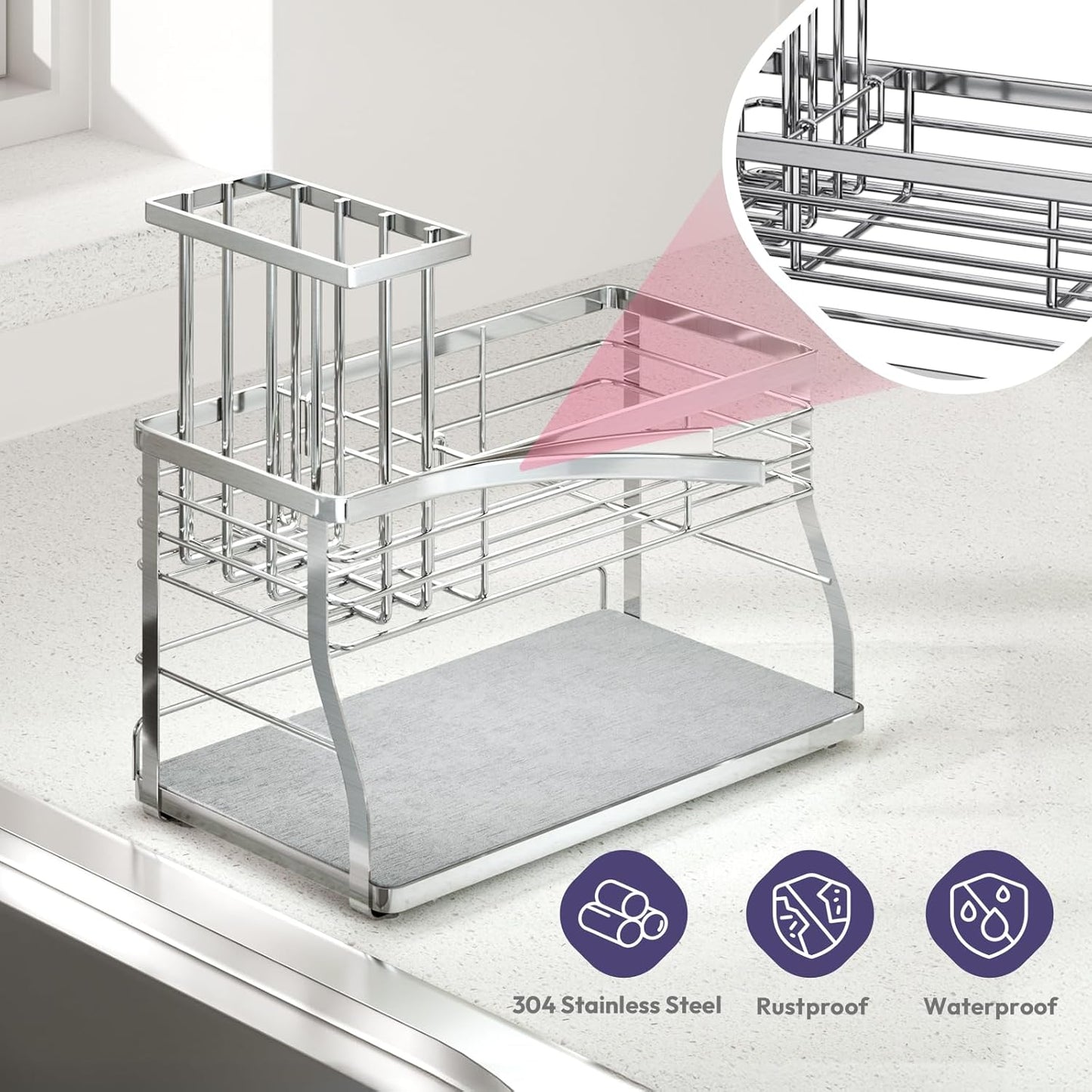 SWTYMIKI Sponge Holder for Kitchen Sink - 2 Tier Rustproof Sink Caddy with Instant Drying Stone, Removable Dish Brush Holder, Stainless Steel Kitchen Caddy for Coutertop Storage Accessories