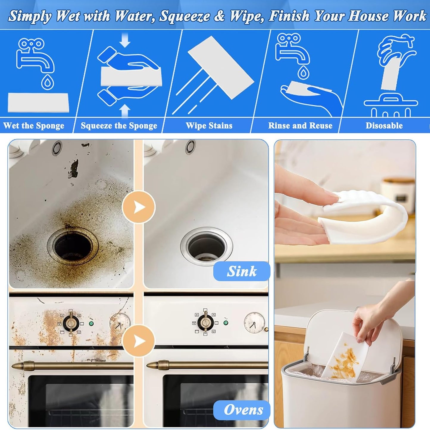 Magic Sponge Eraser Sheets, 52Pcs All-Purpose White Melamine Sponge Convex Point Disposable Magic Cleaning Wipes for Furniture Kitchenware, Hard-to-Reach Places, Shoe