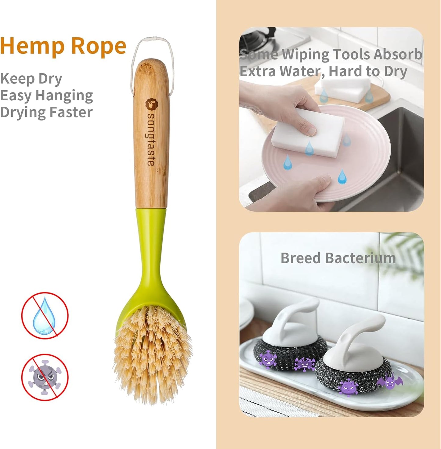 2 Pack Kitchen Dish Brush Bamboo Handle Dish Scrubber Built-in Scraper, Scrub Brush for Pans, Pots, Kitchen Sink Cleaning, Dishwashing and Cleaning Brushes are Perfect Cleaning Tools, White