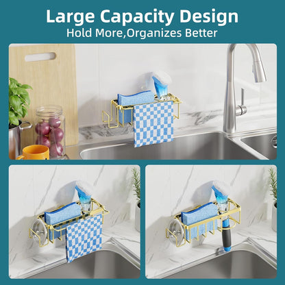 TAILI 4-in-1 Sink Caddy with Strong Suction Cup, Sponge Holder for Kitchen Sink Organizer, Removable, Rustproof, Stainless Steel Holder for Sponge, Brush, Scrubber, Scraper - Silver