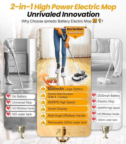 qimedo 800RPM Cordless Electric Mop, 6000mAh Battery Electric Power Scrubber & Mops for Floor Cleaning, Best Automatic Spin Mops with Smart Display,Rotating Mop with LED Light & Water Spray