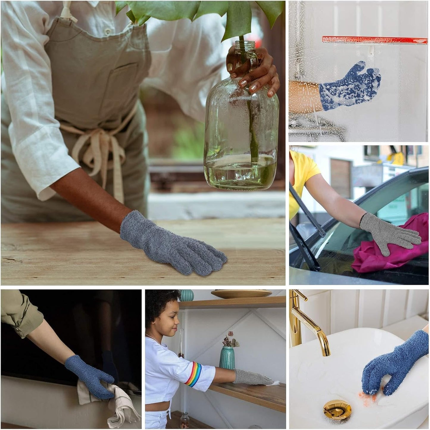 Patelai 2 Pairs Microfiber Gloves for plants Dusting Cleaning Glove Mittens House Cars Blinds Dusting(Blue, Grass Green,Large)