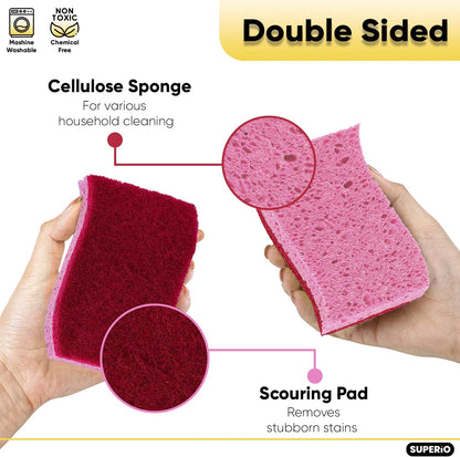 Non-Scratch Cellulose Sponge Kitchen Scrub Sponge with Scouring Pad Set, Good for Non-Stick Cookware Frying Pan, Pot, Counter Top, Sink Scrubbing, Kitchen Scrubbers, Pack of 2, (Red/Pink)