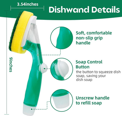 Dishwand Sponge Refills Soap Control Handle, Dish wand Sponges Refill Non Scratch, Sponge Replacement Scrub Brush Heads Set, Dishwashing Dispenser Scrubber Pads for Cleaning Dishes Dishwasher Kitchen