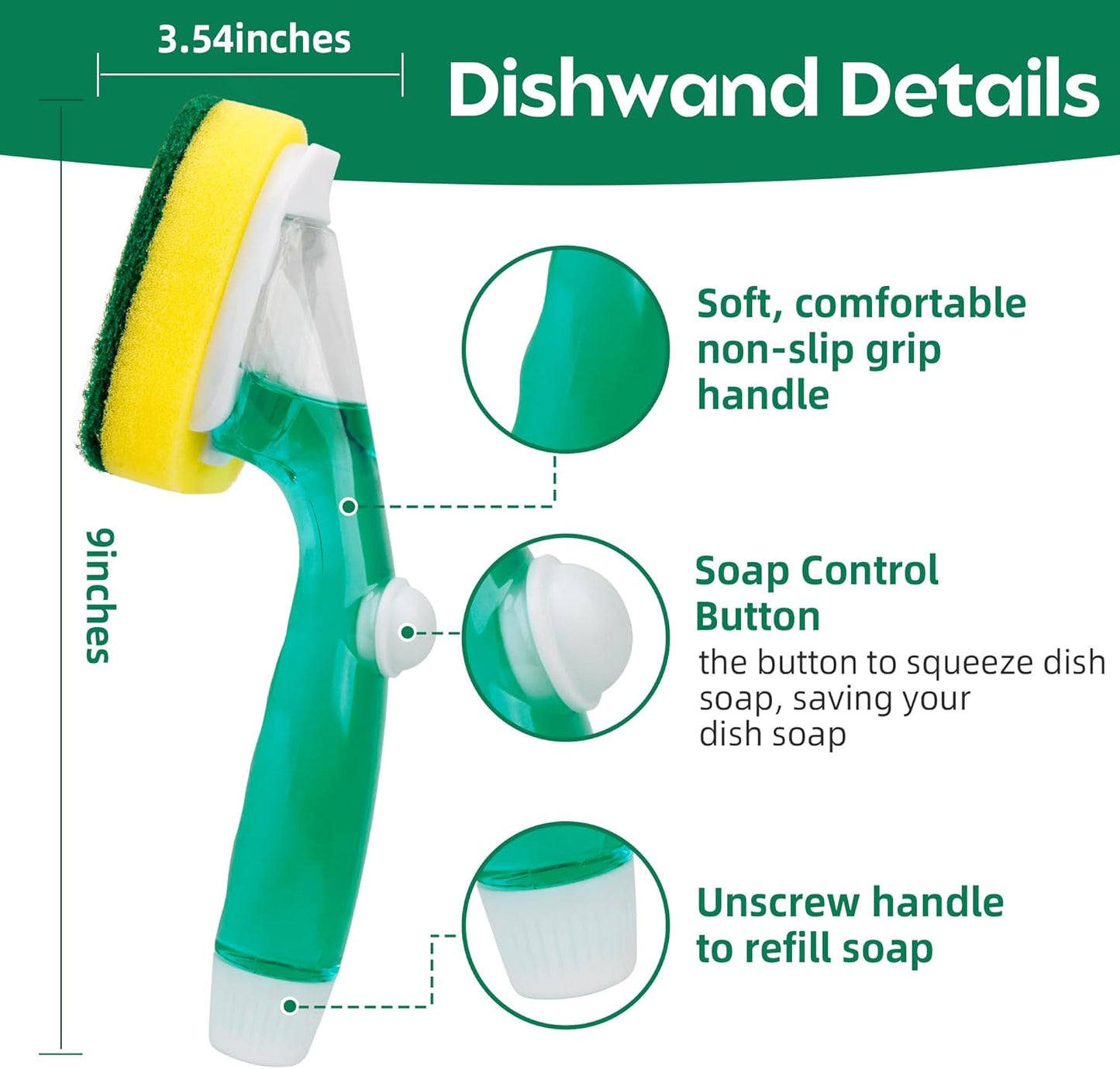 Dish Wand with 9 Refills, Dishwand with Sponge Refills, Soap Dispenser Handle with Replaceable Non Scratch Sponge Heads, Dishwashing Scrubber Brush Set for Kitchen Pots Pans Sink Cleaning