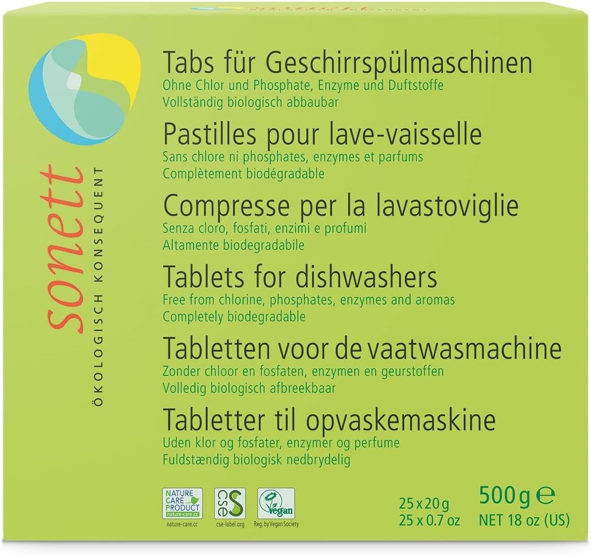 Sonett Organic Dishwasher Tablets 25 Count Deep Clean Dish Tab Fresh Scent 25 tablets x 0.67oz,18 fl.oz/ 500gr (1 Count)
