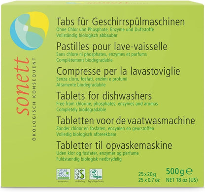 Sonett Organic Dishwasher Tablets 25 Count Deep Clean Dish Tab Fresh Scent 25 tablets x 0.67oz,18 fl.oz/ 500gr (1 Count)