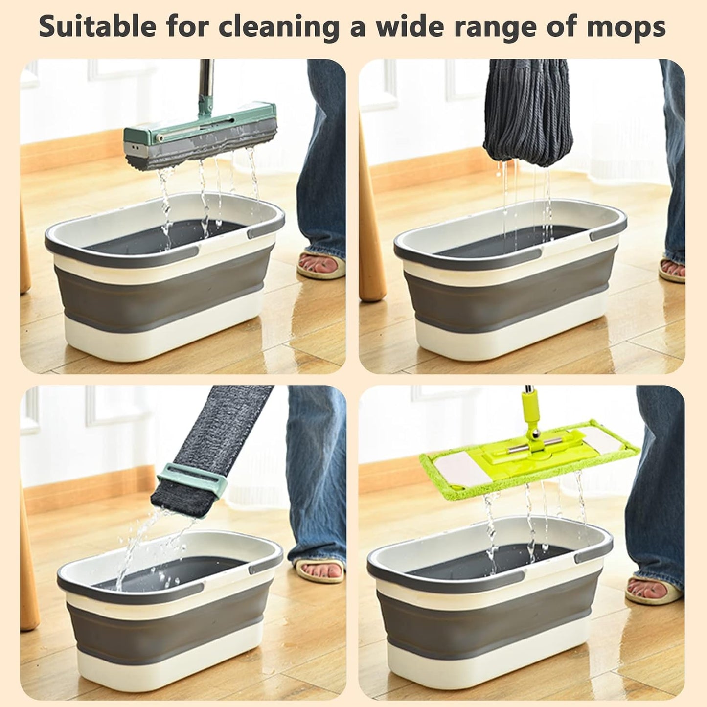 Goderewild Collapsible Plastic Bucket with Wheels 12L (3.17 Gallon) for House Cleaning, Camping, and RV - Multi-Purpose Rectangular Handy Basket for Cleaning Mop - Lightweight and Portable (Grey)