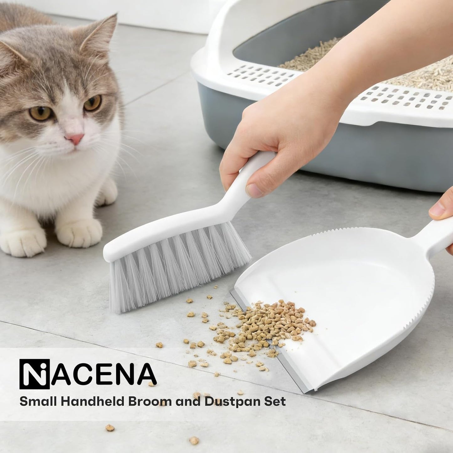 NACENA Mini Broom and Dustpan Set, Small Dust Pan and Brush Set with Handle Dustpan Teeth for Cleaning Hair Suitable for Office Desks Drawers Sofas Outdoor Camping, Light & Purple