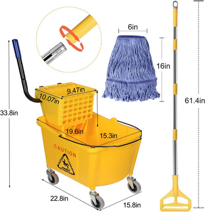 Side Press Wringer Combo Commercial Mop Bucket on Wheels, Including 1 Set Commercial Mop Handle with 1 Pack Blue Mop Heads, 35 Quart, Yellow Bucket