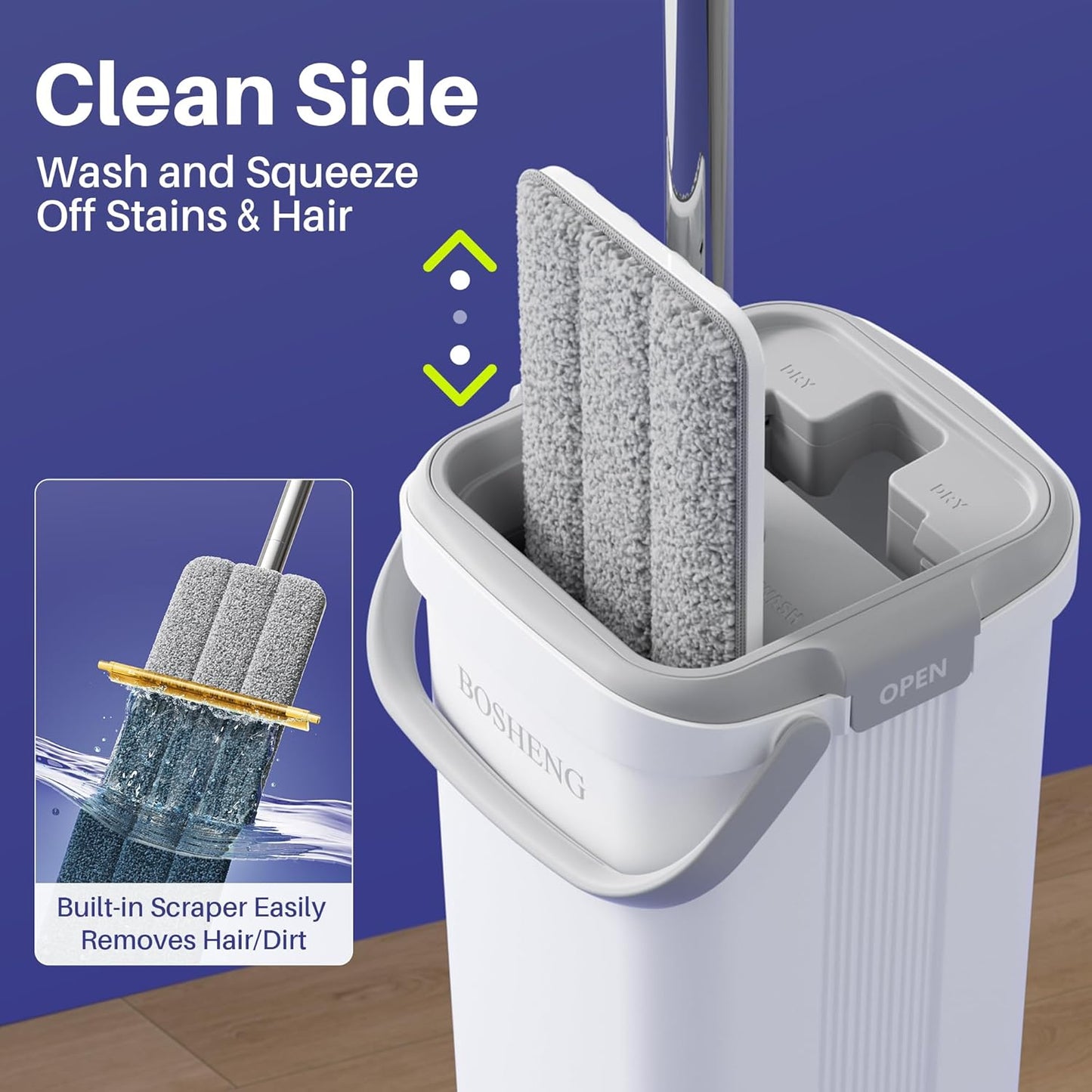 BOSHENG Mop and Bucket with Wringer Set, Flat Floor Mop and Bucket, with 3 Microfiber Mops for Floor Cleaning, Wet and Dry Use for Household Cleaning - White