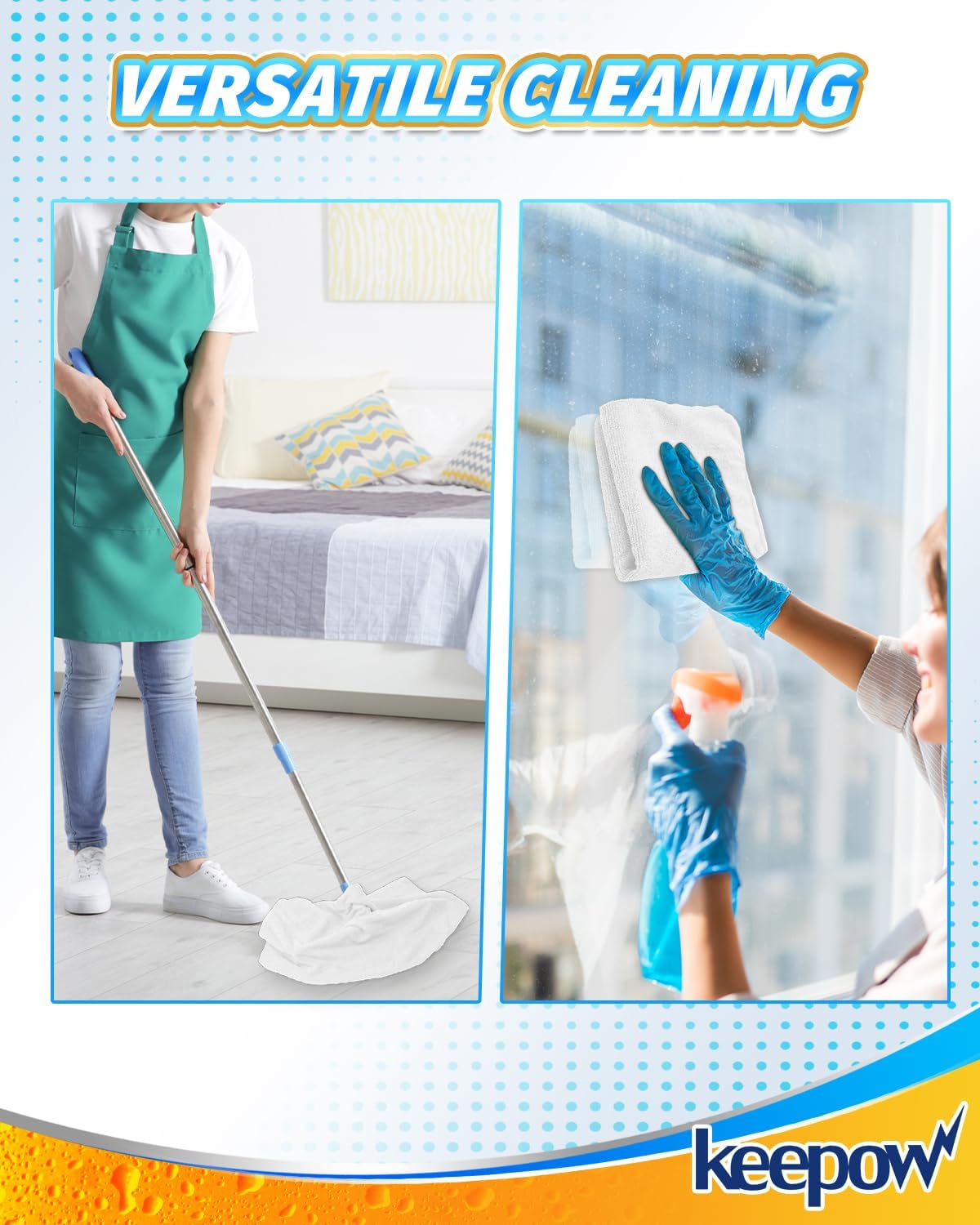 KEEPOW 6PCS Extra Large Microfiber Cleaning Cloth, 30"x20" Washable Reusable Floor Cloth for Squeegee Mop House Floor Kitchen Car Window Highly Absorbent, Lint and Streak Free (Green & Blue & Grey)