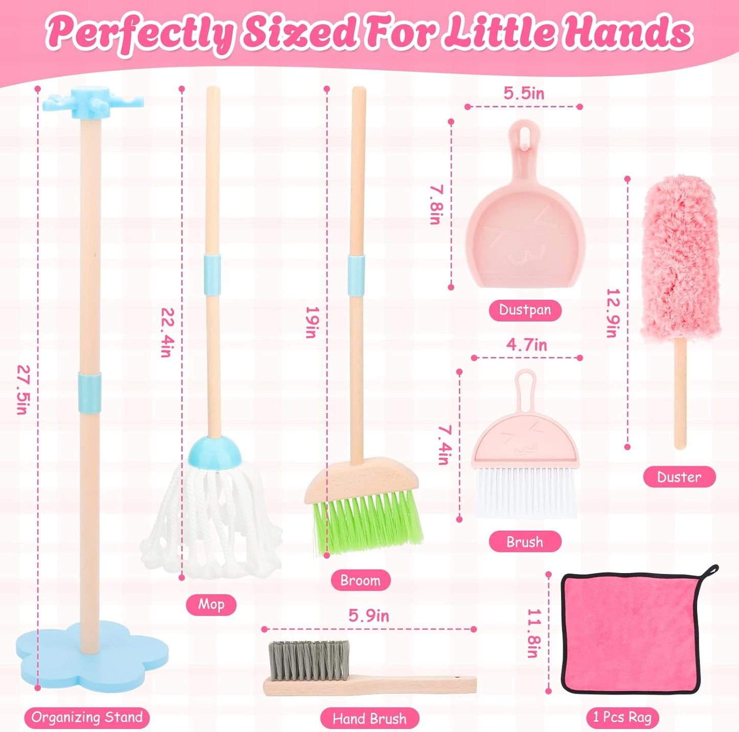 Kids Cleaning Set, Wooden Toddler Broom Set for Housekeeping, 8 Pieces Montessori Cleaning Toys with Kids Broom and Mop Set, Housework Pretend Play Toy Gift for Boys Girls Ages 3+