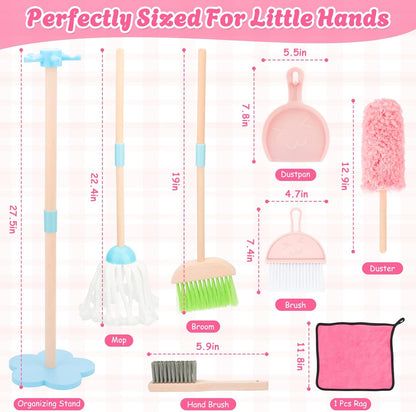 Kids Cleaning Set, Wooden Toddler Broom Set for Housekeeping, 8 Pieces Montessori Cleaning Toys with Kids Broom and Mop Set, Housework Pretend Play Toy Gift for Boys Girls Ages 3+