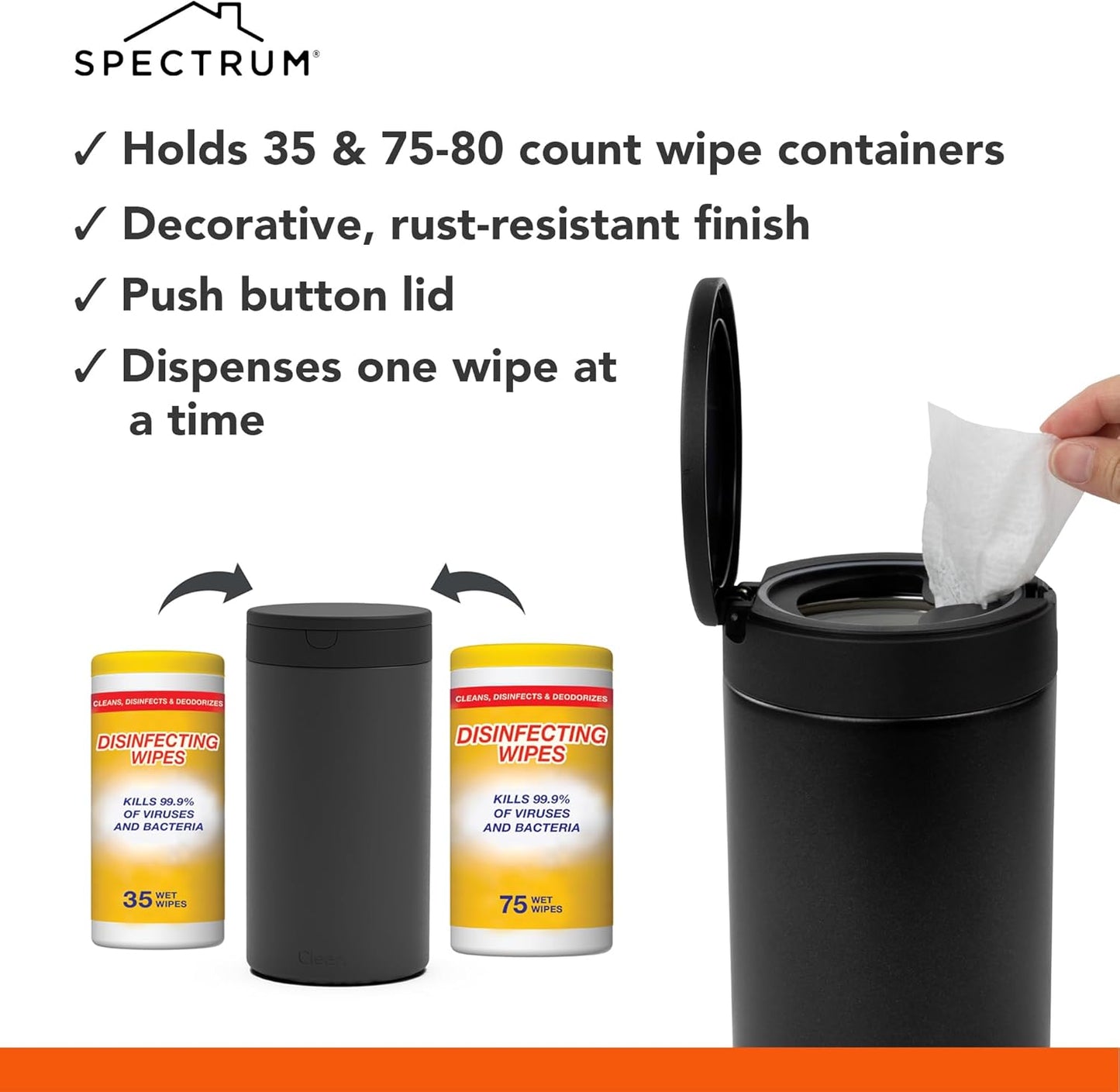 Spectrum Disinfecting Wipes Container Large Satin Nickel Refillable Stainless Steel Wipe Holder for Bathroom Kitchen Classroom, Reuseable Push Button Wet Wipe Dispenser for Cleaning Countertop