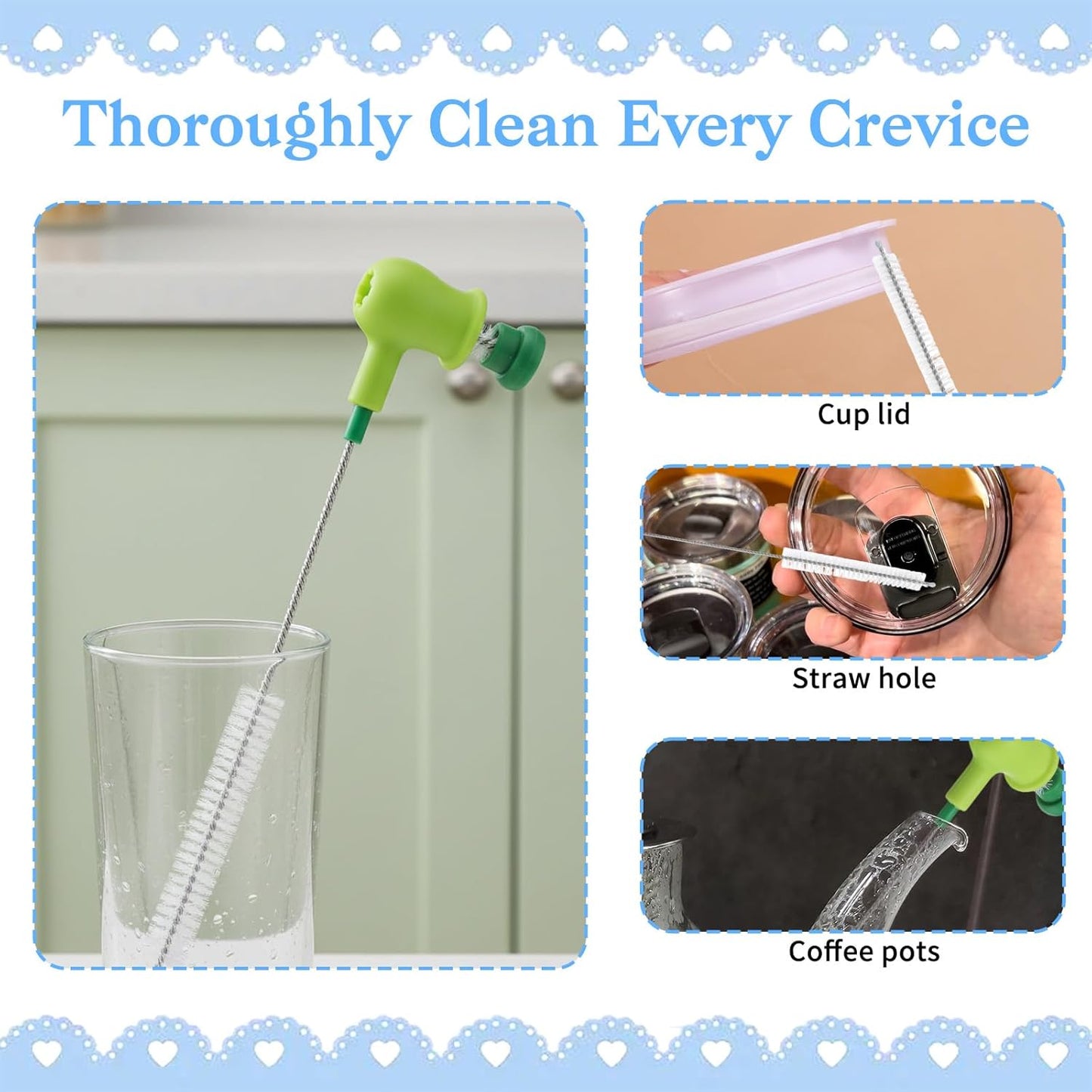 Straw Cleaner Brush Set: 3 Pcs Reusable Pea Long Straw Pipe Cleaner Brushes and 2 Pcs Cup Lid Cleaning Brush for Water Bottles and Tumblers
