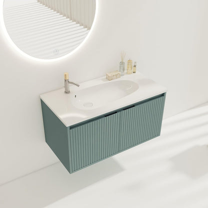 SSLine Modern 24-Inch Bathroom Vanity with Sink Wall Mounted Bathroom Vanity with Top Basin & Storage Cabinet White Wood Floating Vanity w/Ceramic Sink & Gold/Black Handles for Small Space