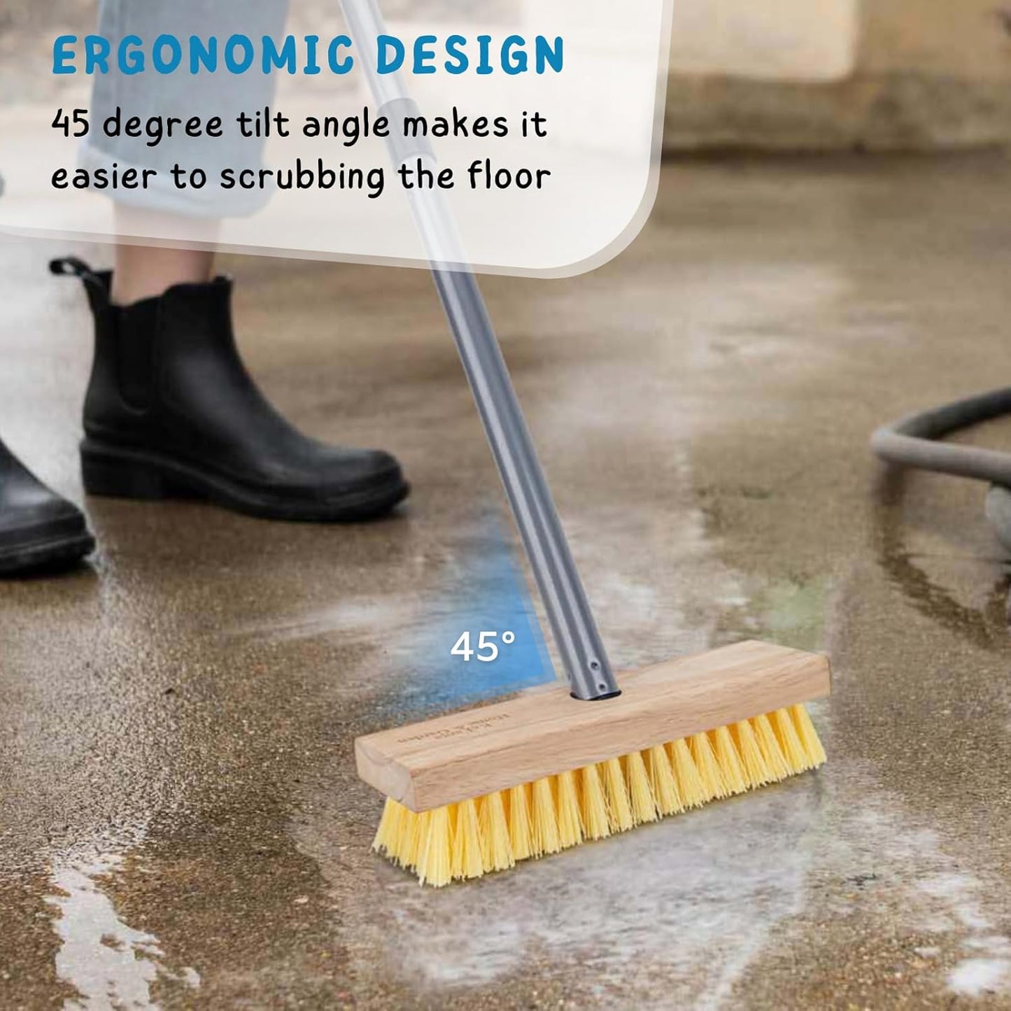 Stainless Steel Wire Scrub Brush with Long Handle for Deck, Concrete, Patio Floor Cleaning, 59'' Heavy Duty Stiff Metal Bristle Scrubber Broom for Outdoor Moss Removal