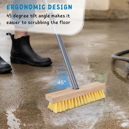 Stainless Steel Wire Scrub Brush with Long Handle for Deck, Concrete, Patio Floor Cleaning, 59'' Heavy Duty Stiff Metal Bristle Scrubber Broom for Outdoor Moss Removal