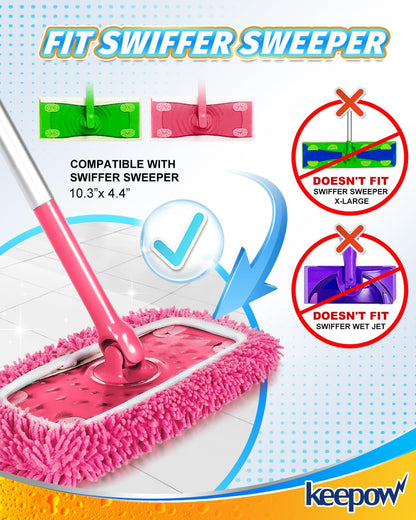 KEEPOW Reusable Microfiber Mop Pads Compatible with Swiffer Sweeper, Dry Sweeping Cloths, Washable Wet Mopping Cloth Refills for Hardwood Floor Cleaning, 6 Pack