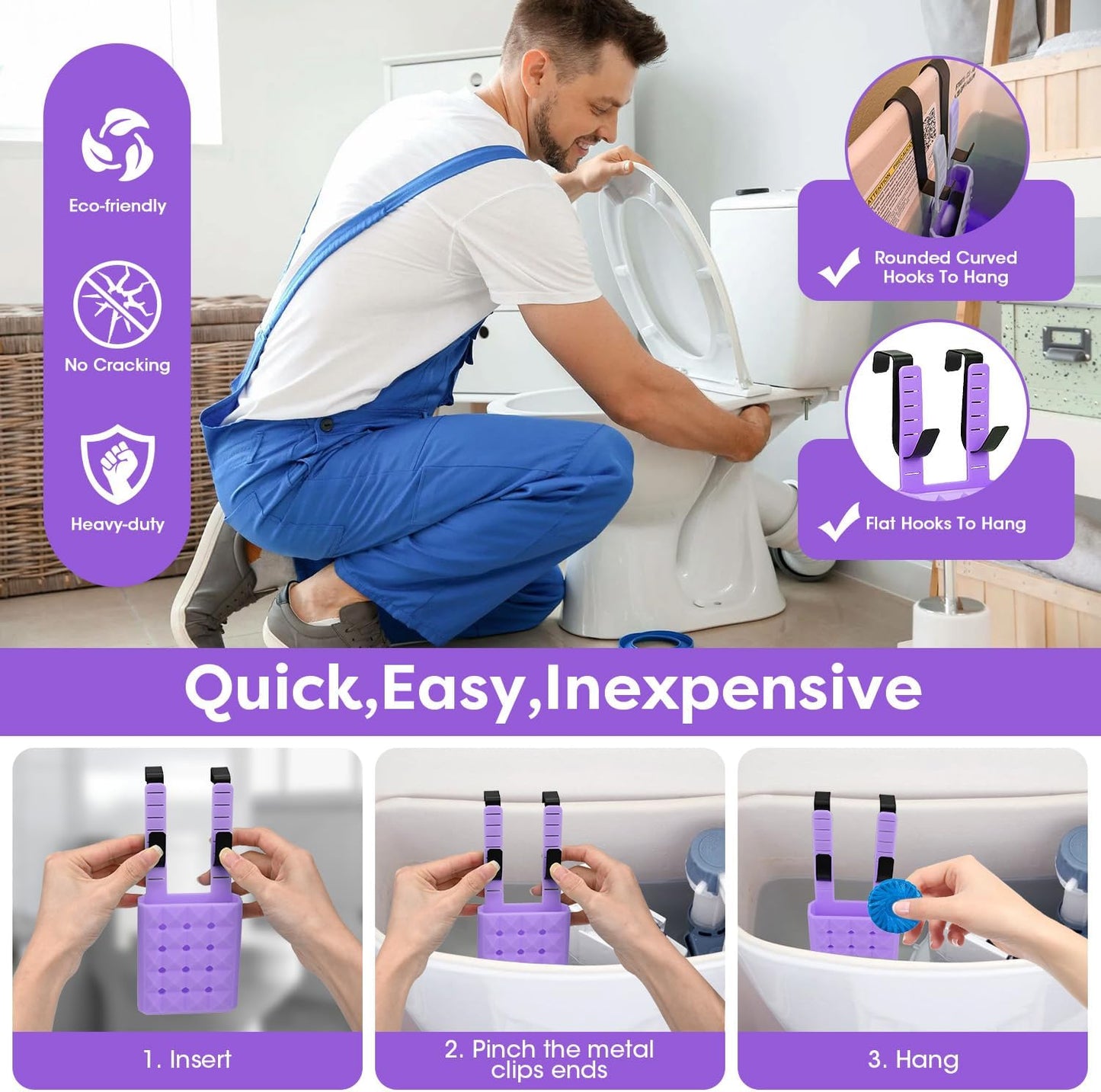 Adjustable Toilet Tank Cleaning Tablet Holder-Hanging Silicone Basket Carrier with Rustproof Hooks for Bowl Cleaner & Bleach Tablet Organizer, Accessory Fit Up to 7" Water Level