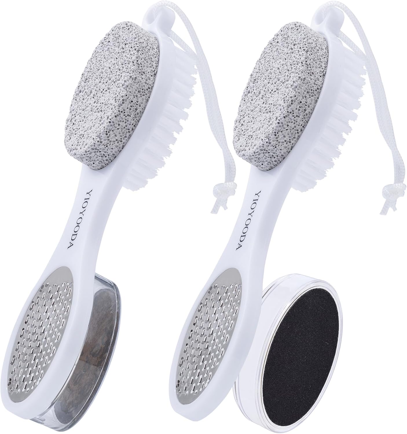 Foot File Callus Remover 5-in-1, 2 Pcs Feet Scraper Pedicure Tools with Pumice Stone, Scrubber Brush, Stainless Steel Foot Rasp and Sand Paper Debris Catcher, Multi Purpose, Cyan