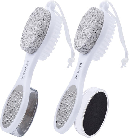 Foot File Callus Remover 5-in-1, 2 Pcs Feet Scraper Pedicure Tools with Pumice Stone, Scrubber Brush, Stainless Steel Foot Rasp and Sand Paper Debris Catcher, Multi Purpose, Cyan