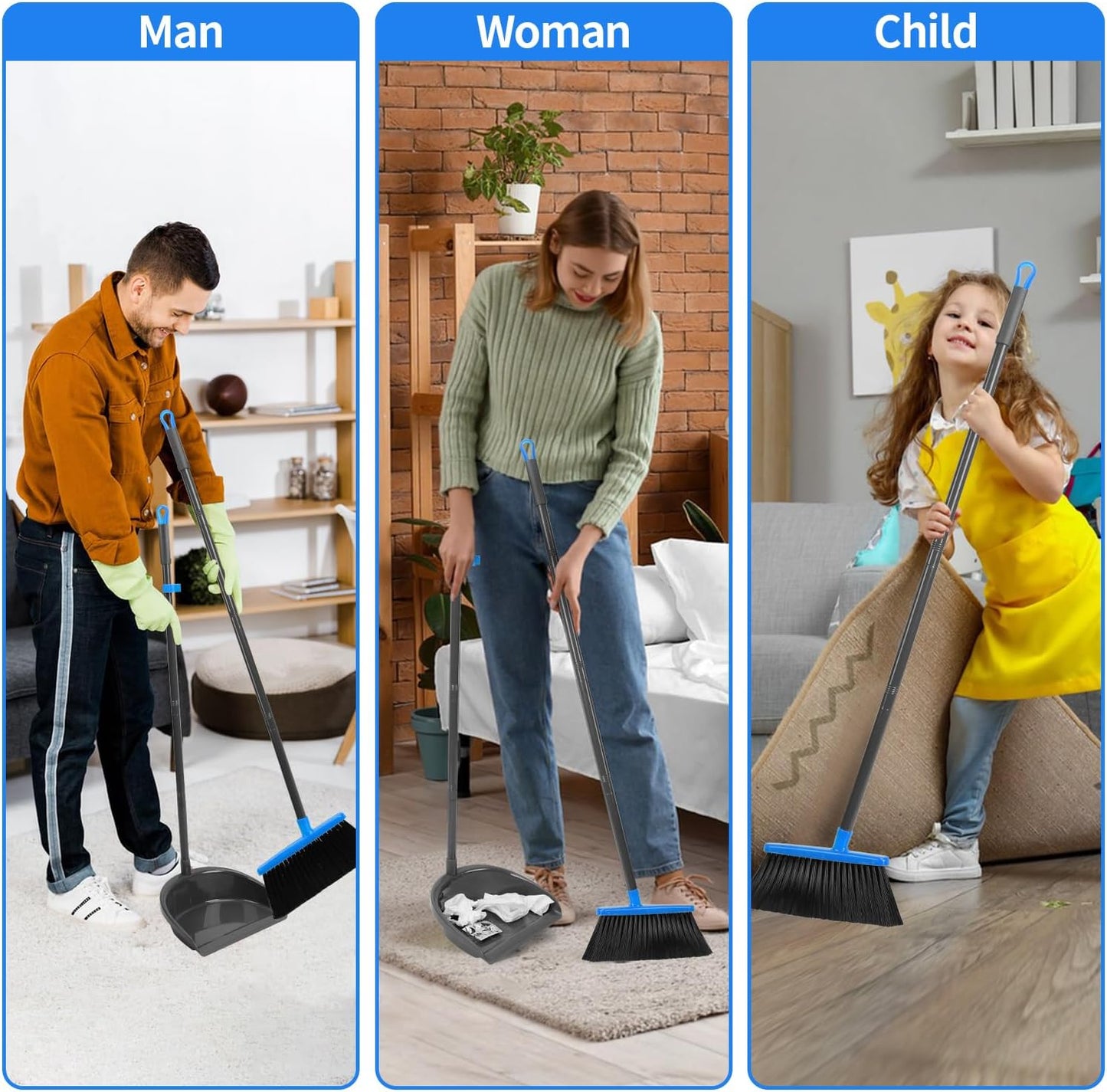 Long Handle Broom with Dustpan Combo Set for Office Home Kitchen Lobby Floor Cleaning Broom Dustpan for Indoor&Outdoor Sweeping