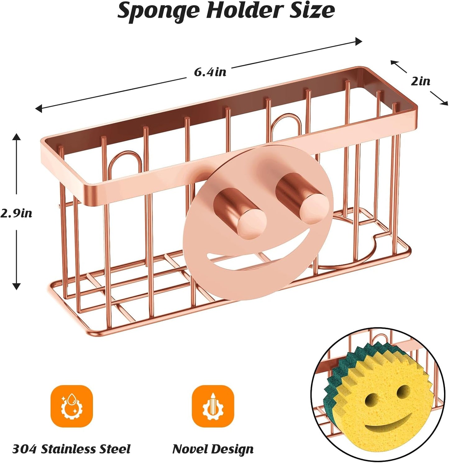 MURLONG Sponge Holder Smiley Face, Sink Caddy for kitchen Sink, Kitchen Organizer Sponge Holder with 2 PCS Suction Cups/1 PCS Adhesive Strips, Designed for Sponge, Soap, Dish brush, Scrubber-Black