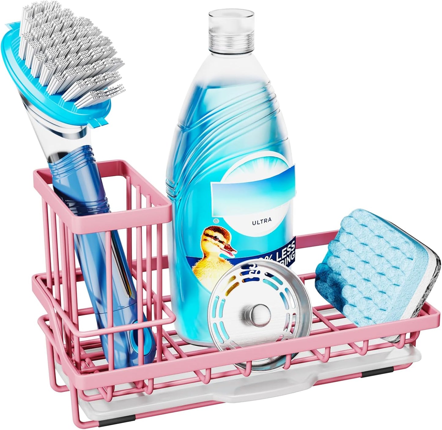 Consumest Sink Caddy, Kitchen Sponge Holder with Dish Brush Holder, Kitchen Organizer with Drip Tray for Countertop, Stainless Steel Rustproof - Silver